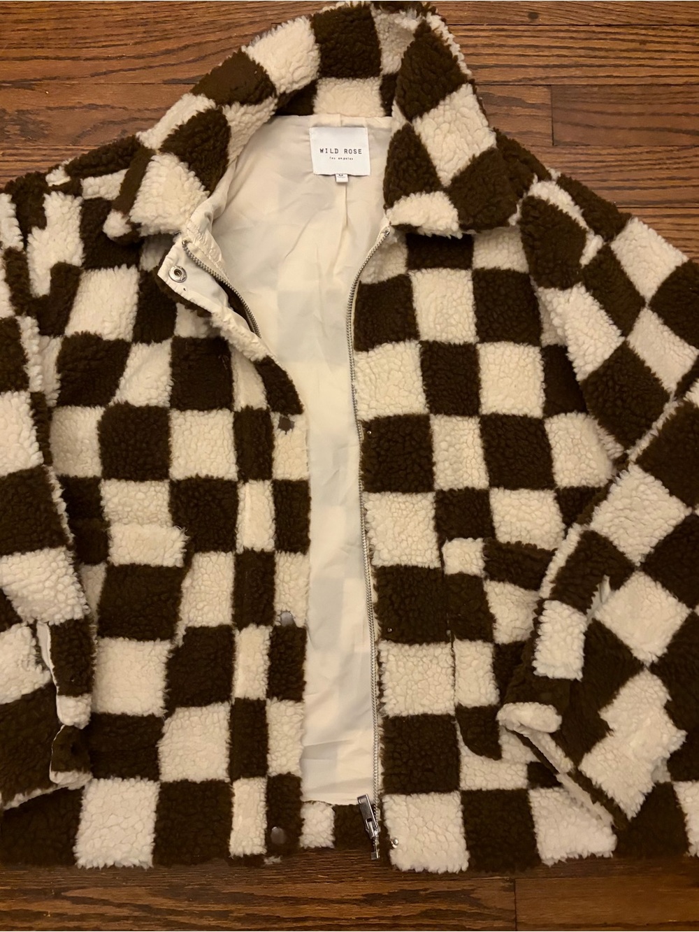 Wild Rose Brown & Cream Checkerboard Sherpa Jacket